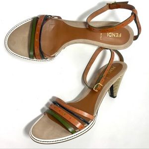 FENDI Leather Ankle Strap Brown Multi-color Sandals